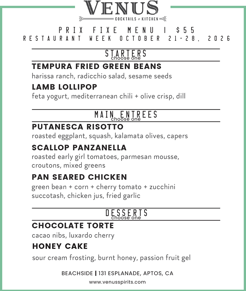 venus beachside restaurant week menu
