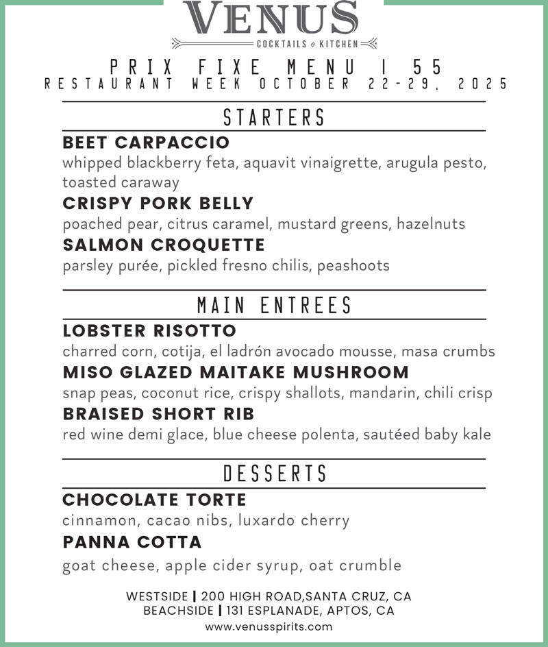 venus spirits menu